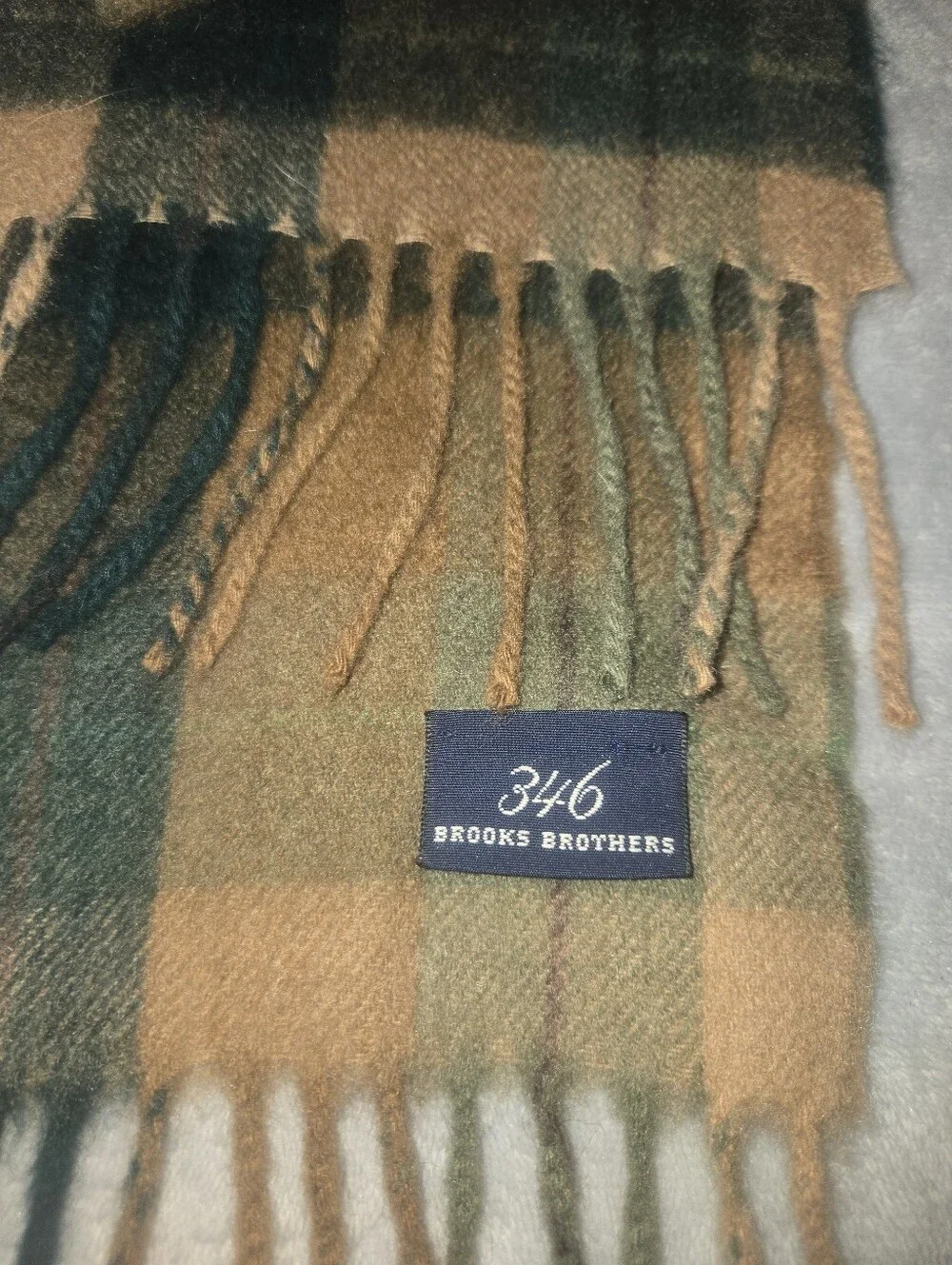 Brooks Brothers Tan and Green Plaid Wool Scarf